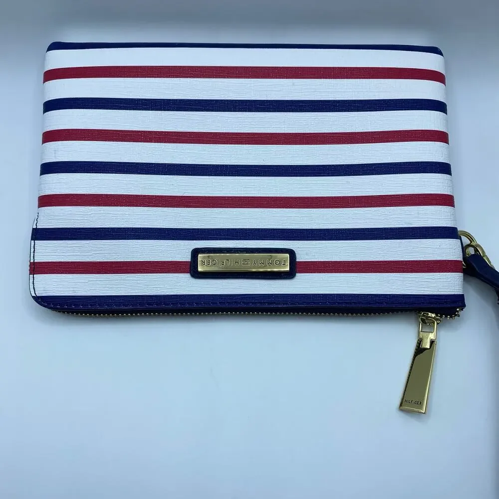 Tommy Hilfiger Striped Leather Pouch Americana Clutch Wristlet Y2K Coastal Chic